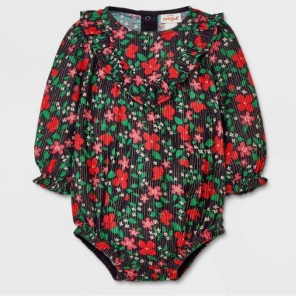 Cat and Jack black long sleeve onesie with red green pink floral ruffle